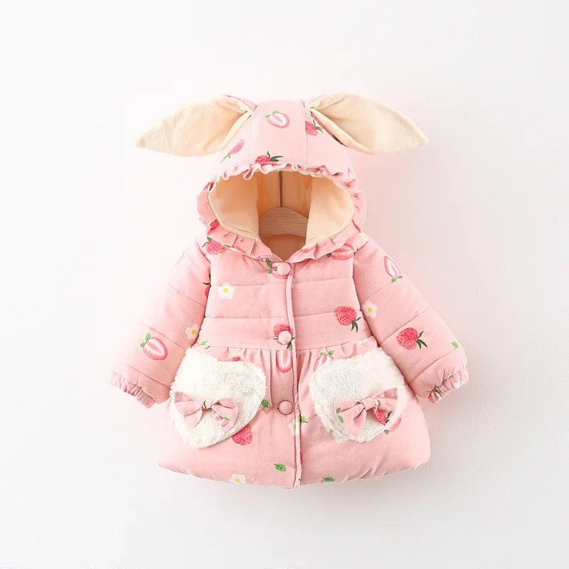 Girls\' Winter New Coat Rabbit Ears Strawberry Printed Long Sleeve Children\'s Cotton Jacket