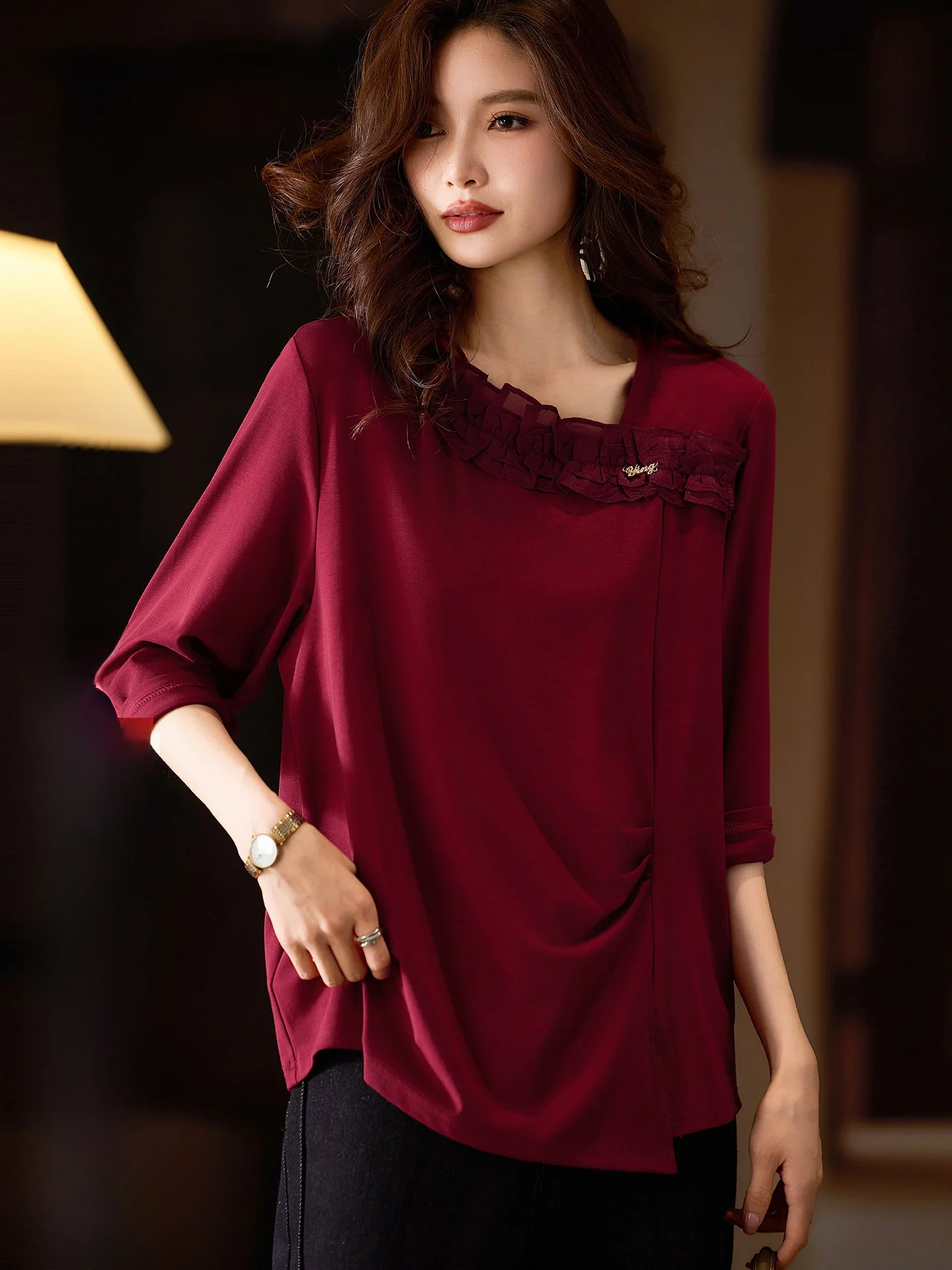 

Ele Long Sve T-irt Women's Base irt Large Size European Sle Top Skin-friendly Breathable Pure Color Street Sle