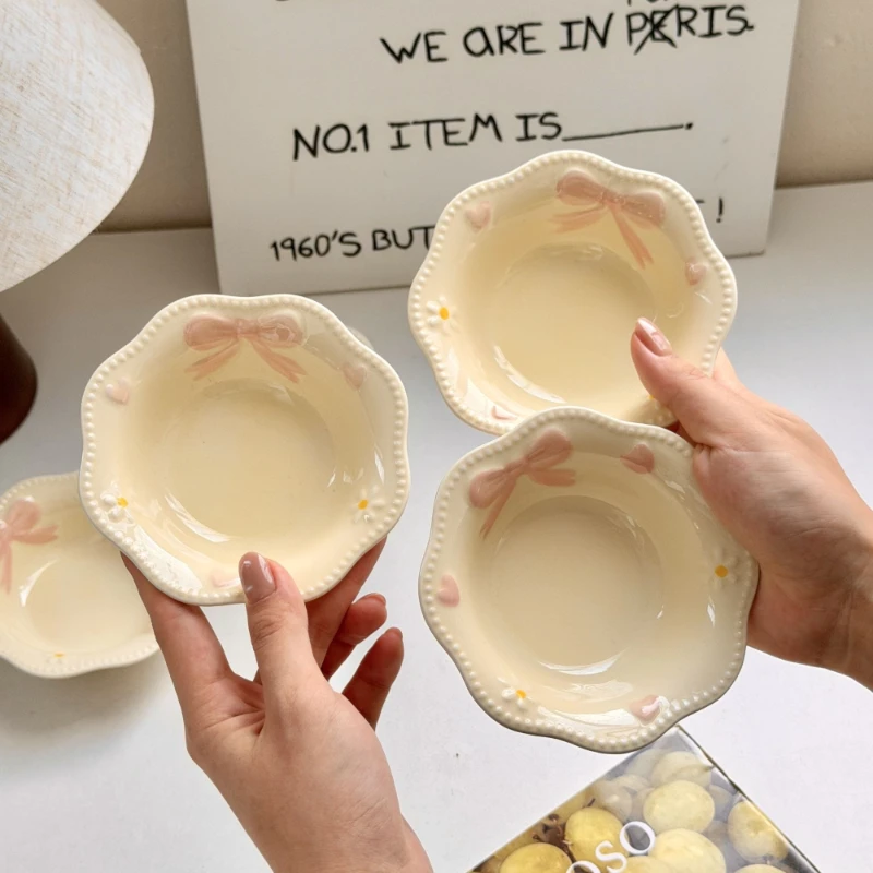 4Pcs Cream Style Relief Bowknot Ceramic Bowl Kawaii Anti-scald Soup Bowls Seasoning Dish Kitchen Noodle Ramen Tableware Bowl