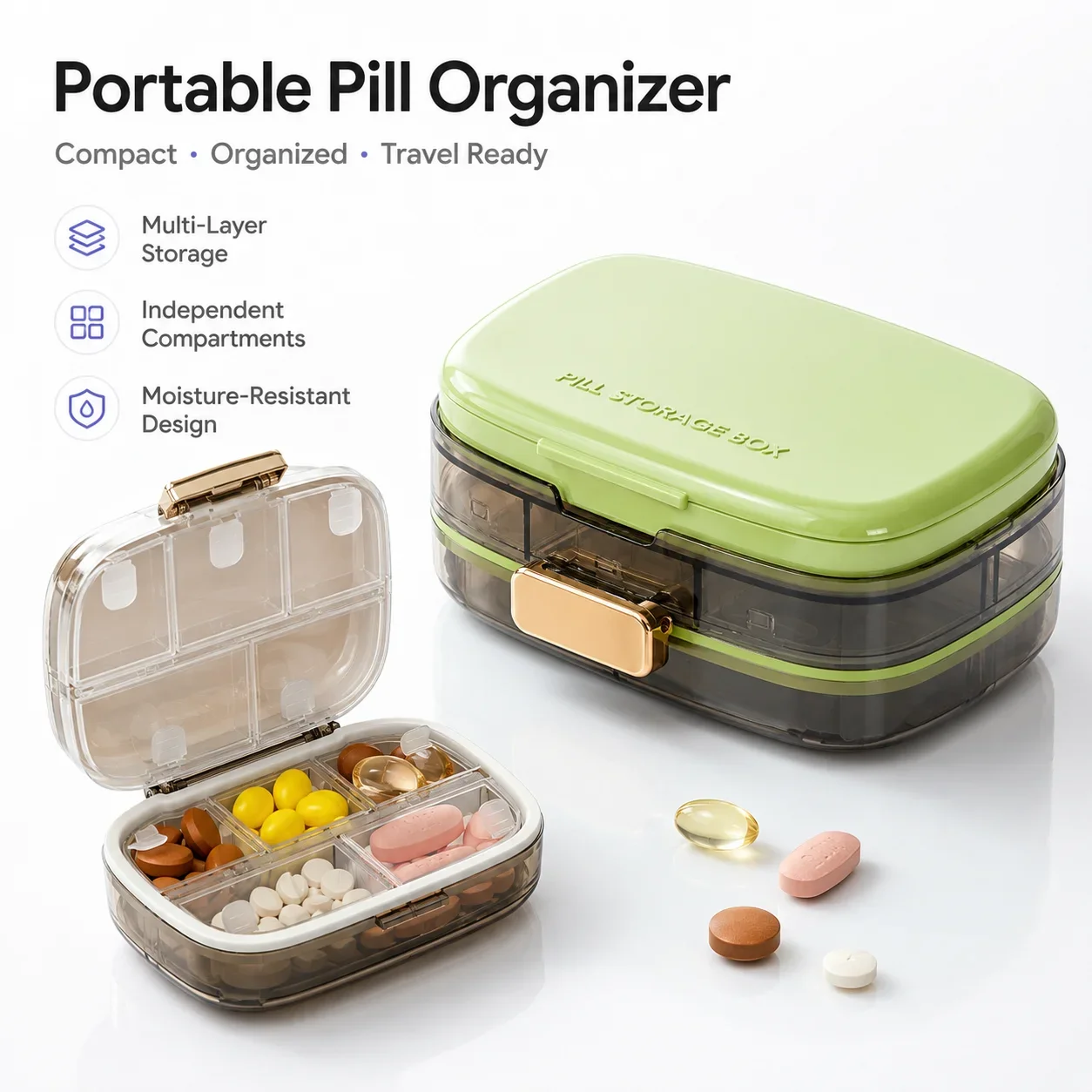 Portable Double Layer Sealed Pill Box 10 Grids Moisture Resistant Travel Medicine Organizer for Vitamins & Small Items