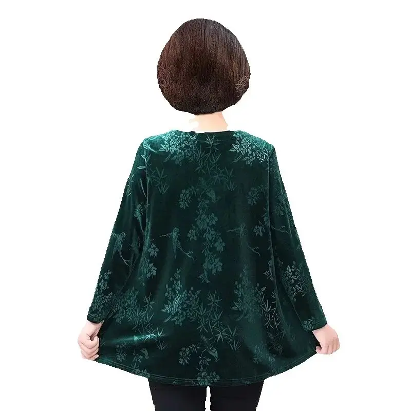 Middle Aged Mother Printing Blouse Spring Summer Female Fashion Round Neck Tshirt Korean Lady Large Size 6XL Golden Velvet Tops