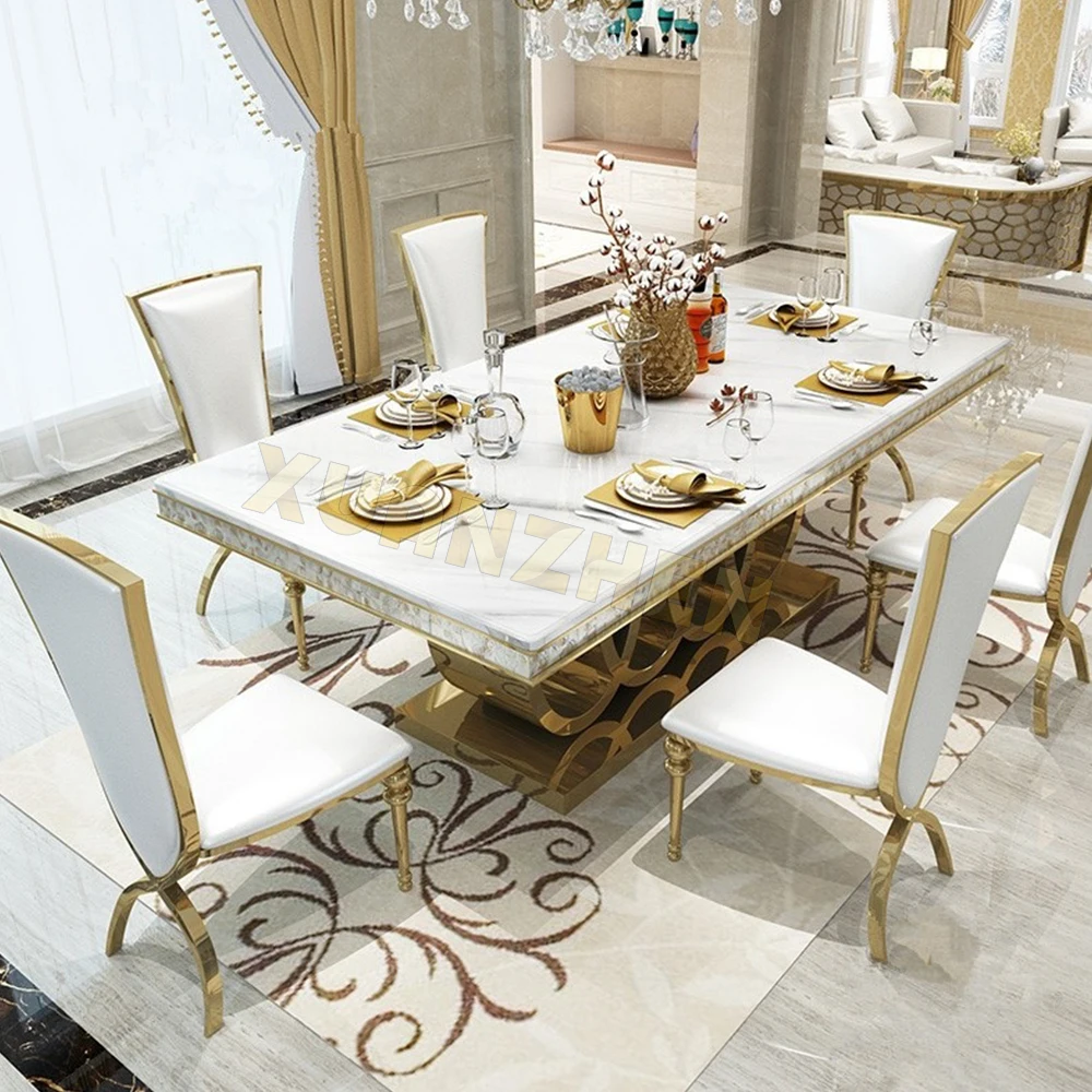#Dining Table Set With 6 Chairs Dining  Marble Top Kitchen Wedding Banquet