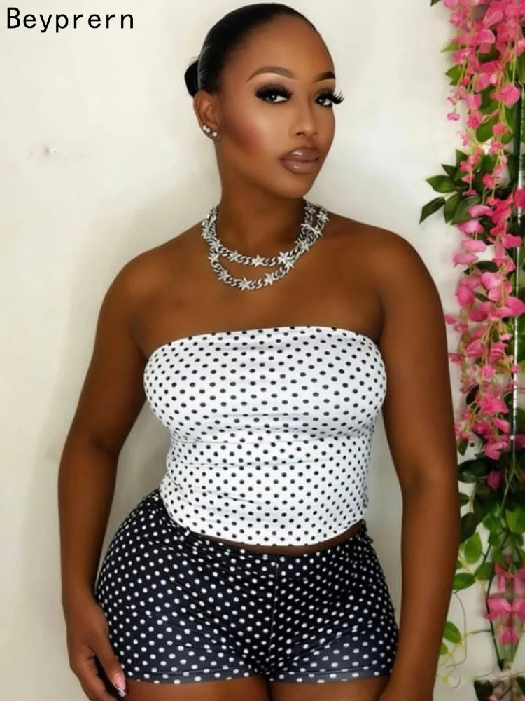 

Beyprern Sexy Polka Dot Print Shorts Set New Women Summer Strapless Top And Shorts Suit Party Beachwear Vacation Outfit