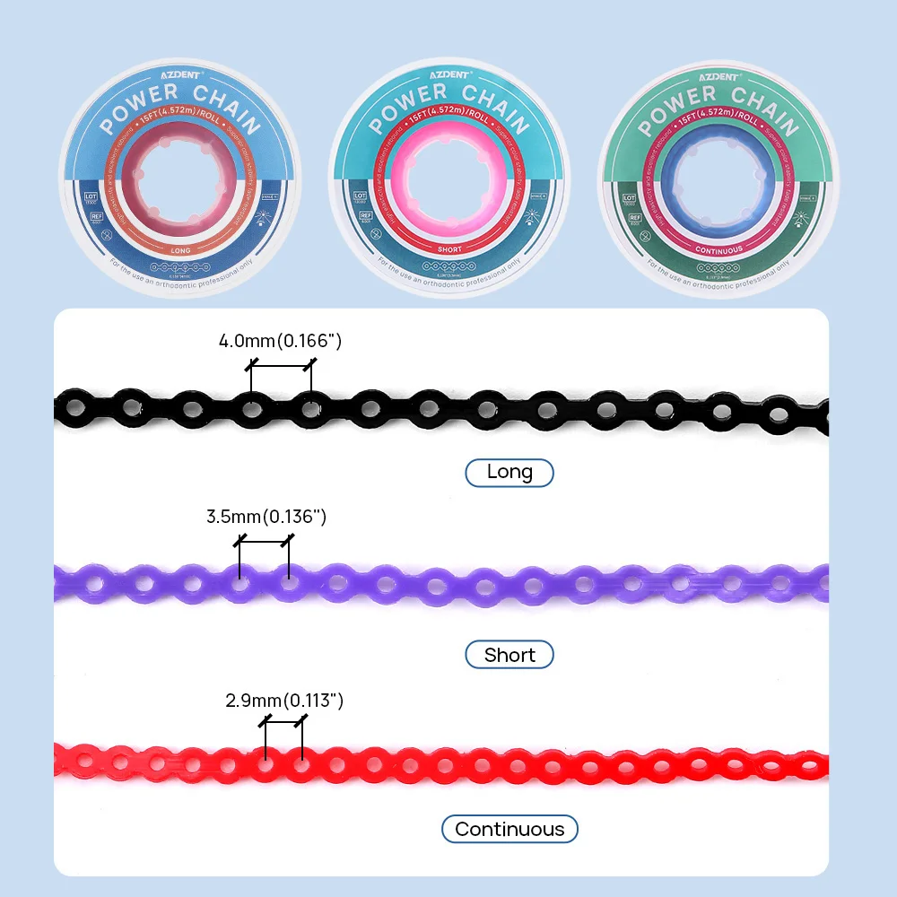 AZDENT Dental Orthodontic Elastic Power Chain Colored Rubber Band 4.57m=15feet/Spool Long Short Continuous Power Chain