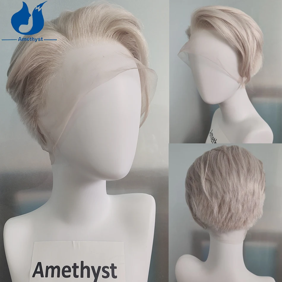 

Amethyst Silver Blonde Short Pixie Cut Wig for Men with Sideburns Human Hair Full Lace Cap Straight Remy Male Hair Ash #60