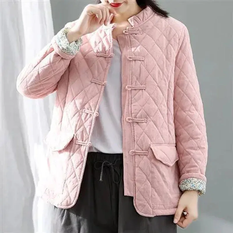 Winter Vintage Cotton Linen Blouse Clothing Loose Warm Plaid Cotton Coat Womens Chinese Buckle Thick Jacket Casual Ladies Tops