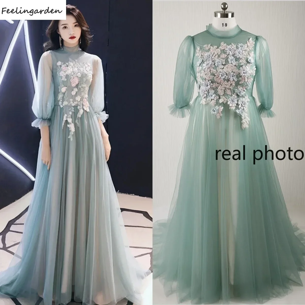 

Feelingarden Real Photo Evening Dress Green High Collar Appliques Robe De Soiree A-Line Floor Length Women Party Formal Gown