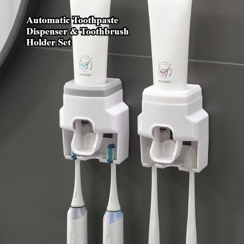 Auto Squeeze Toothpaste Holder - Wall Mounted No Drill Toothbrush Stand with Strong Adhesive (Drip Dry & One Push Dispenser)