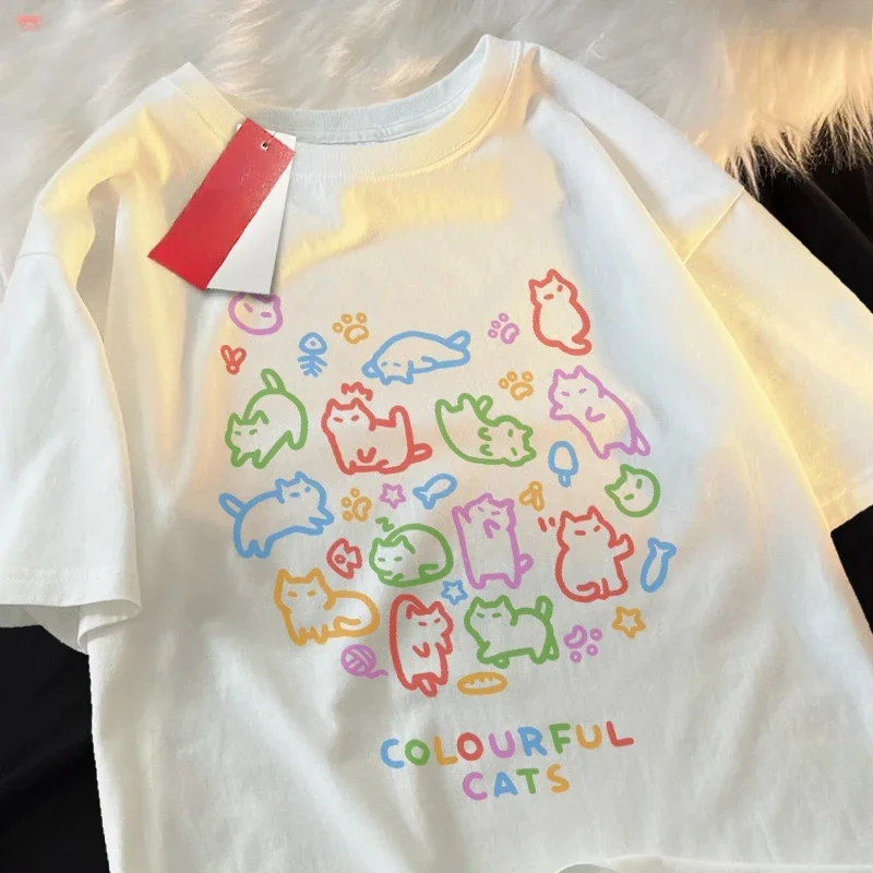

Plus - Size Women's White Short - Sleeve T - shirt, Colorful Cats Print, Cute & Comfortable