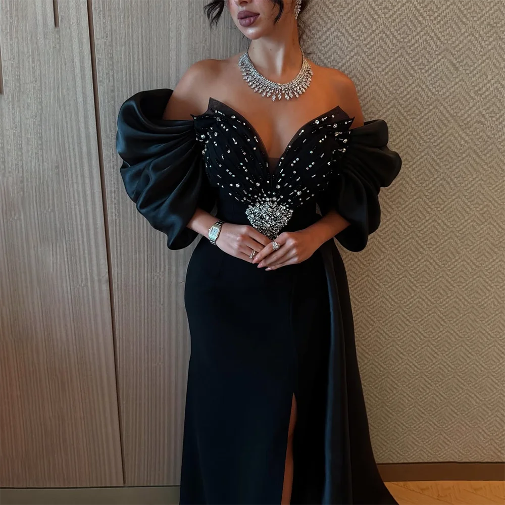 فستان أسود للحفلات الراقصة بدون أكتاف على شكل حرف v كريستال حورية البحر فستان حفلات شق بدون ظهر ثنيات من الساتان سويب تراين فستان سهرة مخصص #2