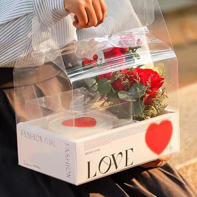PET Clear Cake Bag Gift Box With Handle Flower Storage Boxes Party Favor Decorative Engagement Proposal Celebration Ceremony