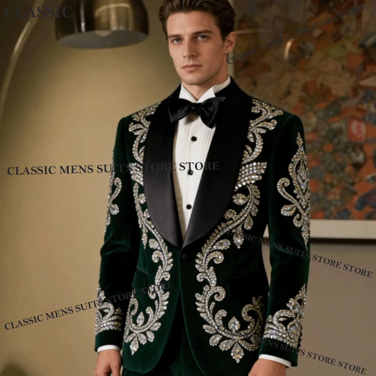 

Glitter Velvet Diamond Men Suits Customized Luxury Lapel Wedding Groom Tuxedos 2 Pieces Sets Male Prom Blazer trajes para hombre