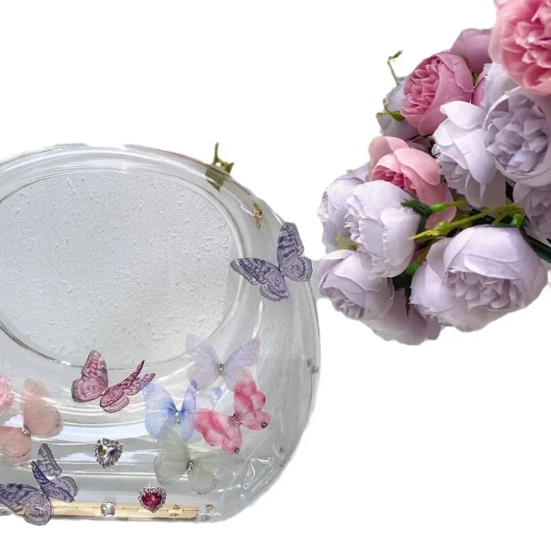 

New Chinese butterfly transparent goose egg box dinner party rhinestone flower pearl moon messenger bag
