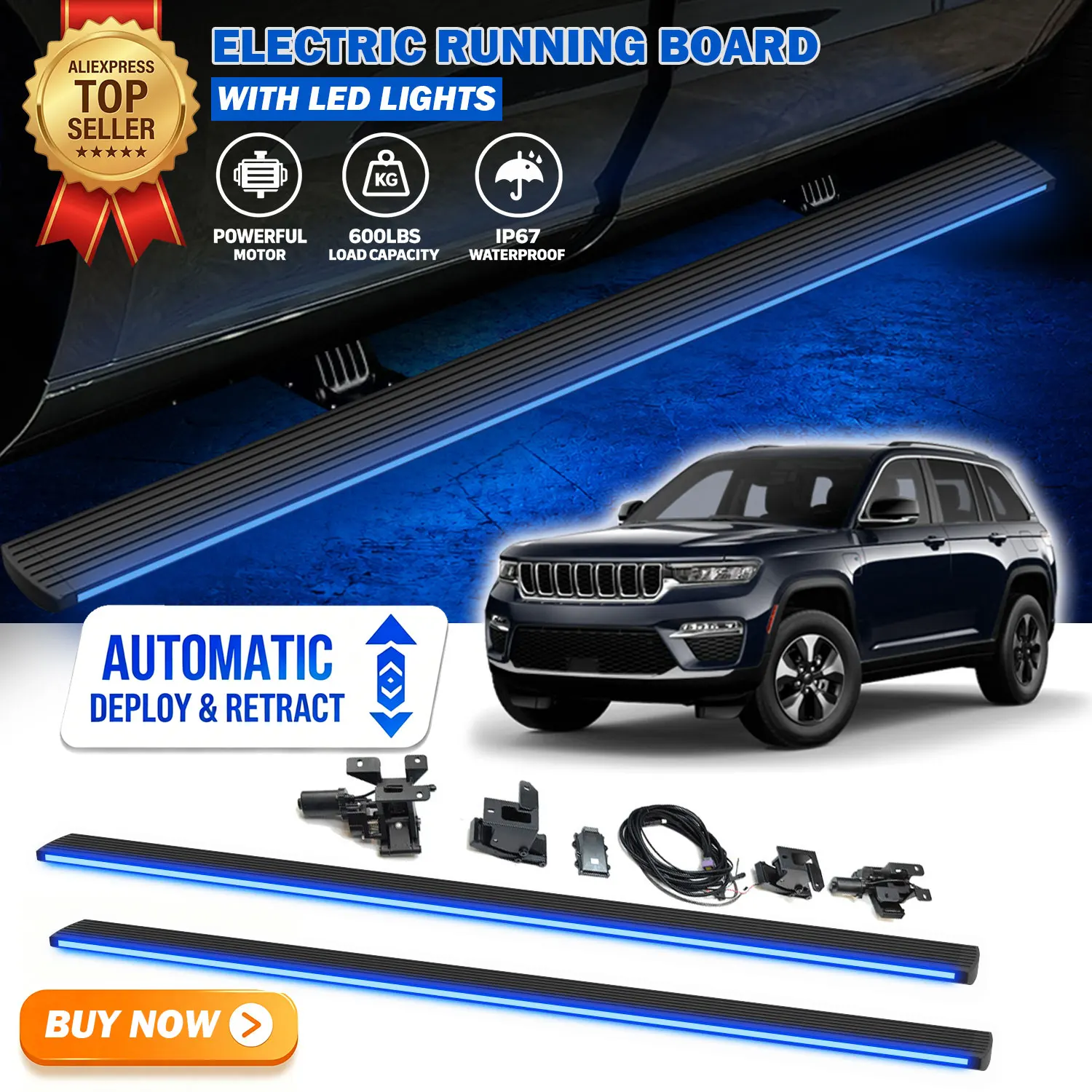 Fits For Jeep Grand Cherokee 2021-2025 Deployable Power Electric Running Boards with LED Light Strips Side Step Nerf Bars