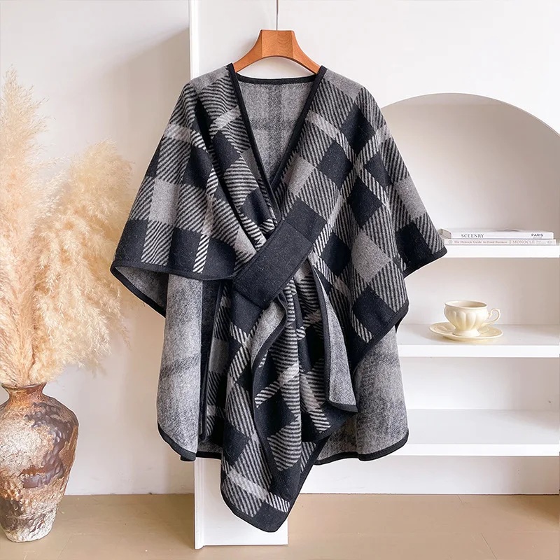 Korean Printed Shawl Outerwear Matching Dress Elegant Cloak Decoration New Style Retro Checkered Warm Scarf