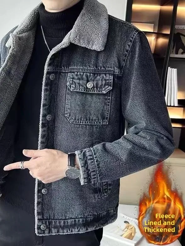 

Retro American Fce Lined Warm Men's Denim Jaet Loose Fit Cotton Workwear for Autumn Winter Faionable Casual Coat