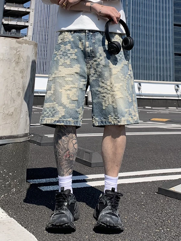 High-End Retro Embroidered Denim Shorts Men's Trendy American High Street Five-Point Loose Straight Leg Medium-Length Pants