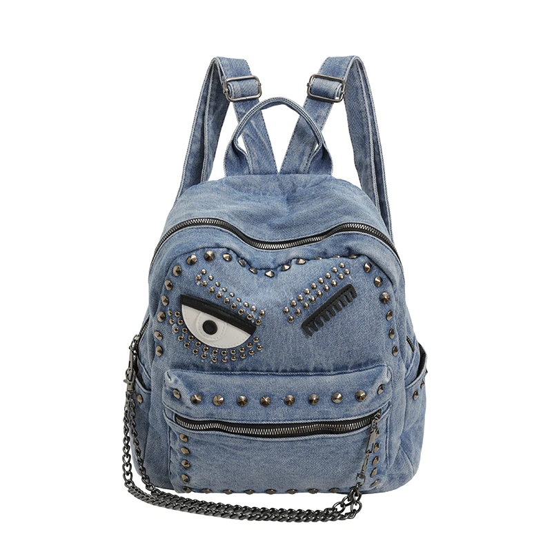 Vintage Denim Monster Eye Backpack Punk Rivet Chain Decor Backpack Y2K Street Style Washed Jean Rucksack Casual Travel Bookbag