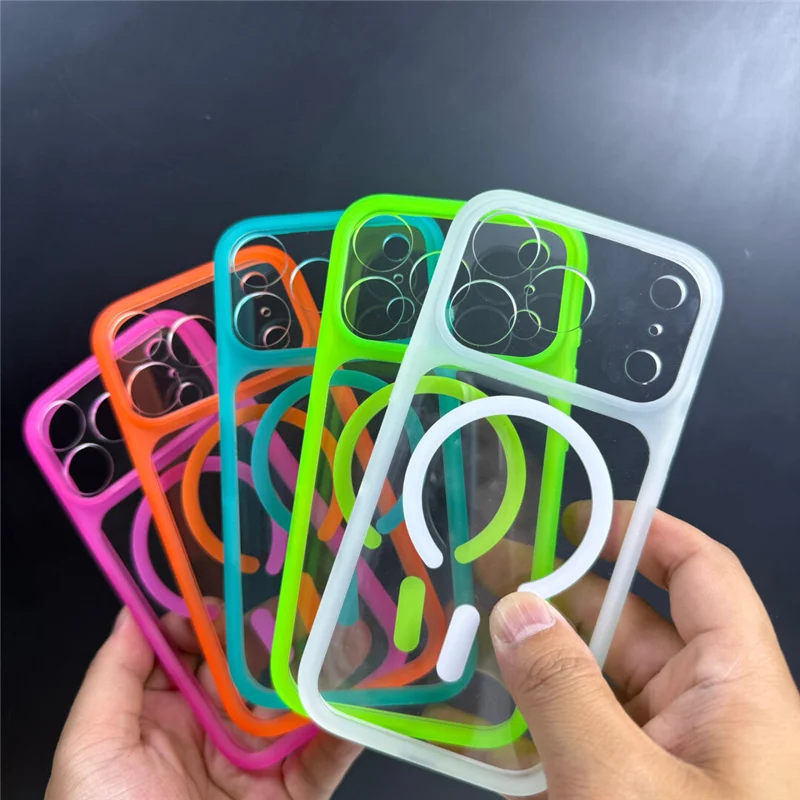 Original Neon Color Transparent Magnetic Case For iPhone 17 17Pro 16 16Pro 17Pro Max Touch Camera Button for Magsafe Hard Cover