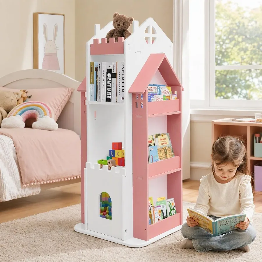 Rotating Bookshelf with Castle Design, 4 Tier 's Book Tower for,Floor Standing Bookshelf, 360° Spinning Bookcase for a 's Room,