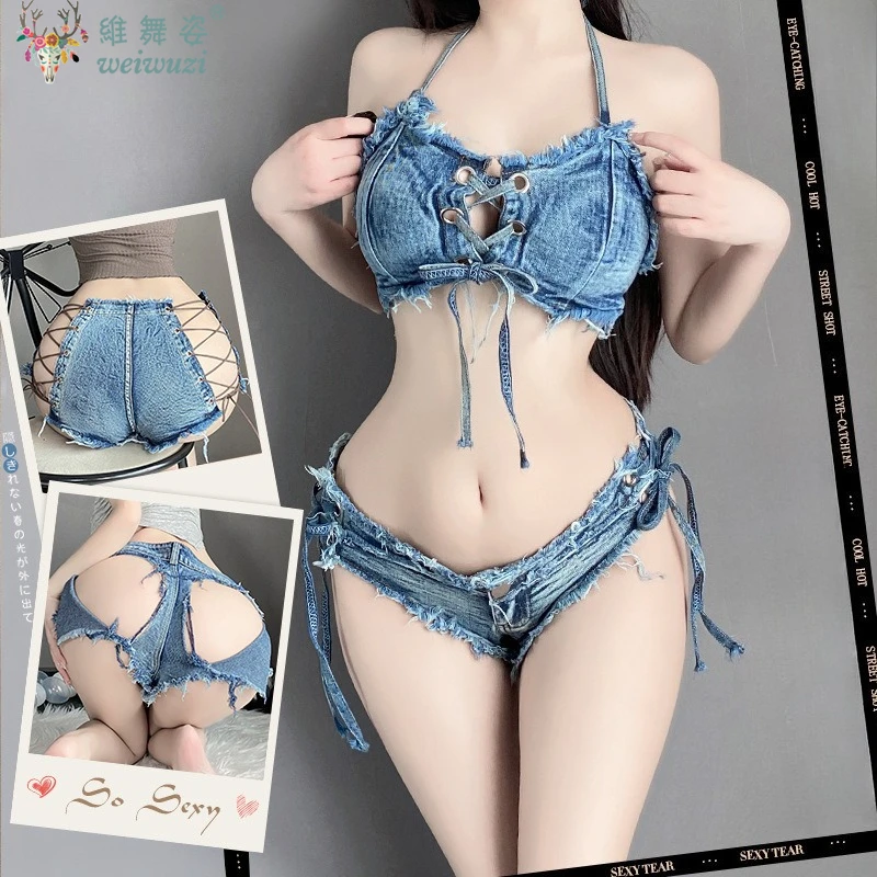 

Women's Ripped Denim Shorts+Denim Strap Short Top Set DJ Jazz Dance DS Performance Costume Sexy Jean Shorts Showcase UniqueStyle