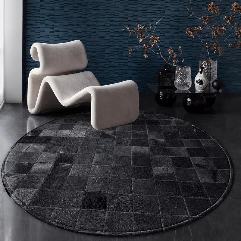 

Черный круглый ковер для гостиной, домашнего кабинета, стола, напольный коврик из натуральной воловьей кожи, ковер для спальни, декор, прикроватный роскошный коврик