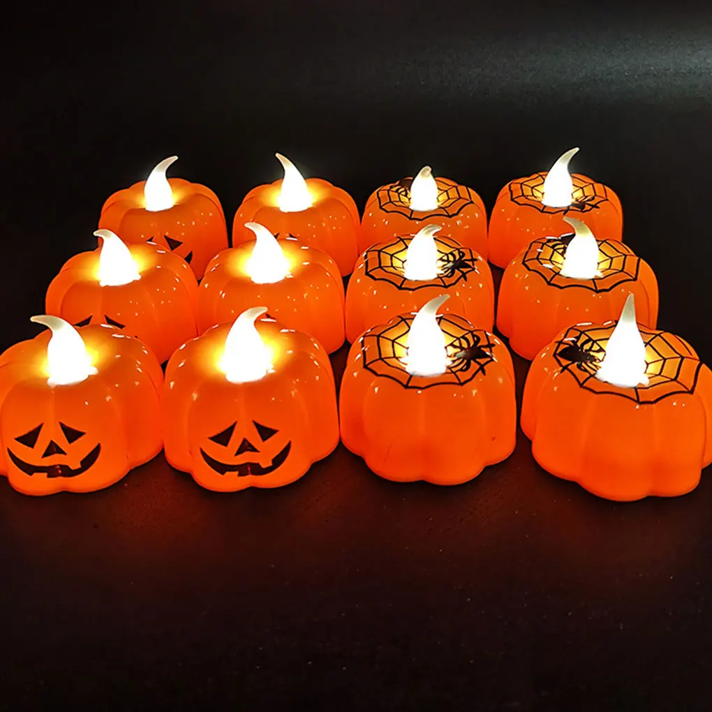 

12pcs Spooky Halloween Jacks O Lantern For Creepy Atmosphere Simulation Wick Shiny Wick Pumpkin Lamp