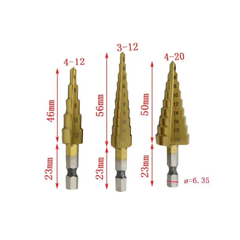 3 sztuk/zestaw 3-12mm 4-12mm 4-20mm wiertło stożkowe stopniowe chwyt sześciokątny stal szybkotnąca cięcie otworów drewno metal