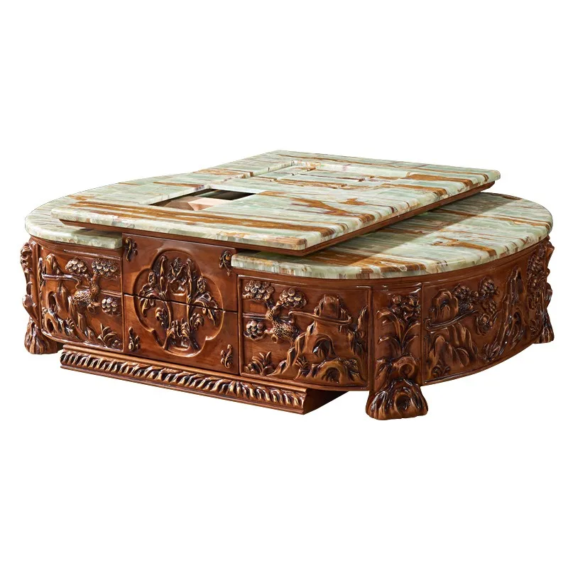 American luxury solid wood carved large apartment living room natural marble tea table telescopic coffee table