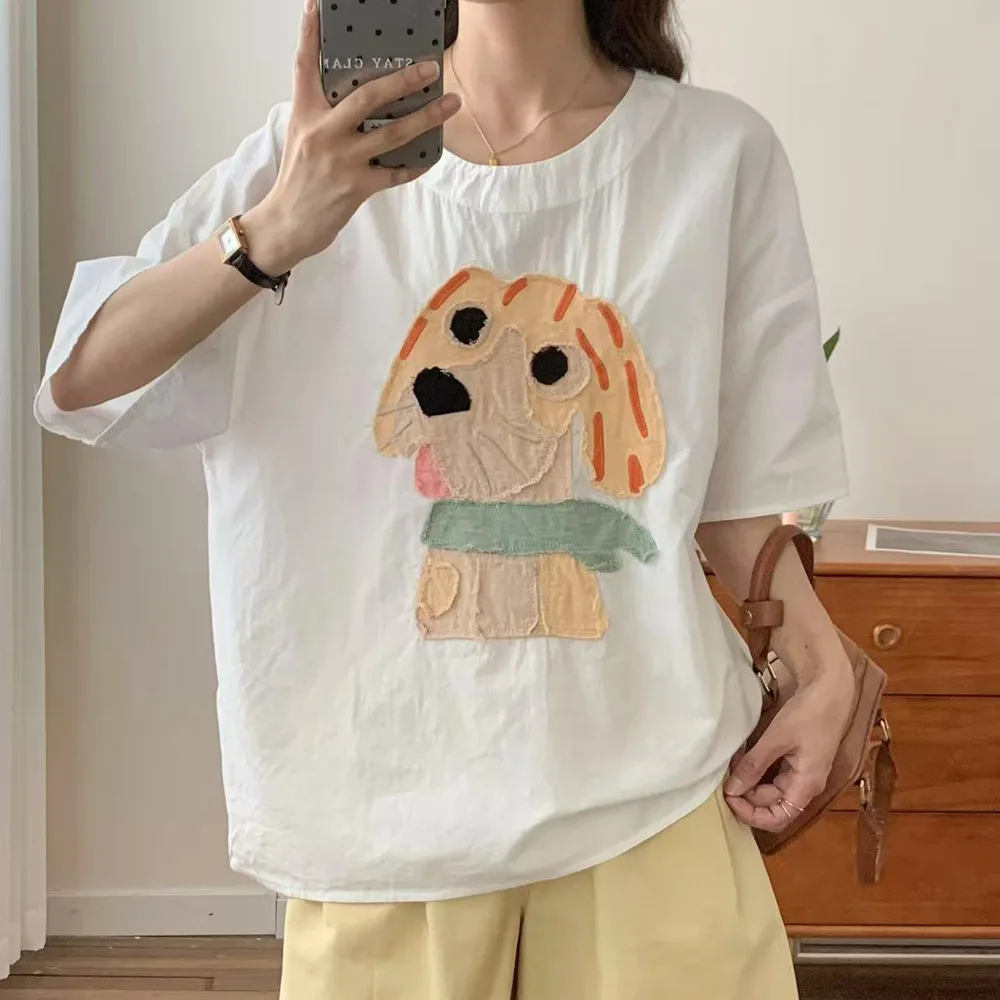 

Japanese Sweet Mori Girl Kawaii Puppy Embroideried Patch Shirts Women Summer O-Neck Short Sleeve Casual Loose T Shirt Tops