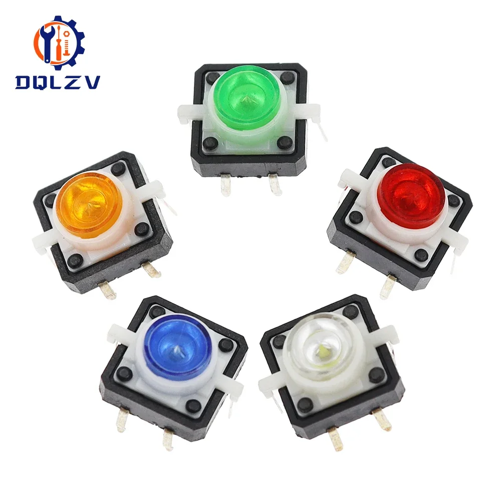 5PCS Reset Button Momentary Switch With Light 12x12x7.3 mm Green Red Yellow Blue White LED Illuminated Tact Switch 12*12*7.3 MM