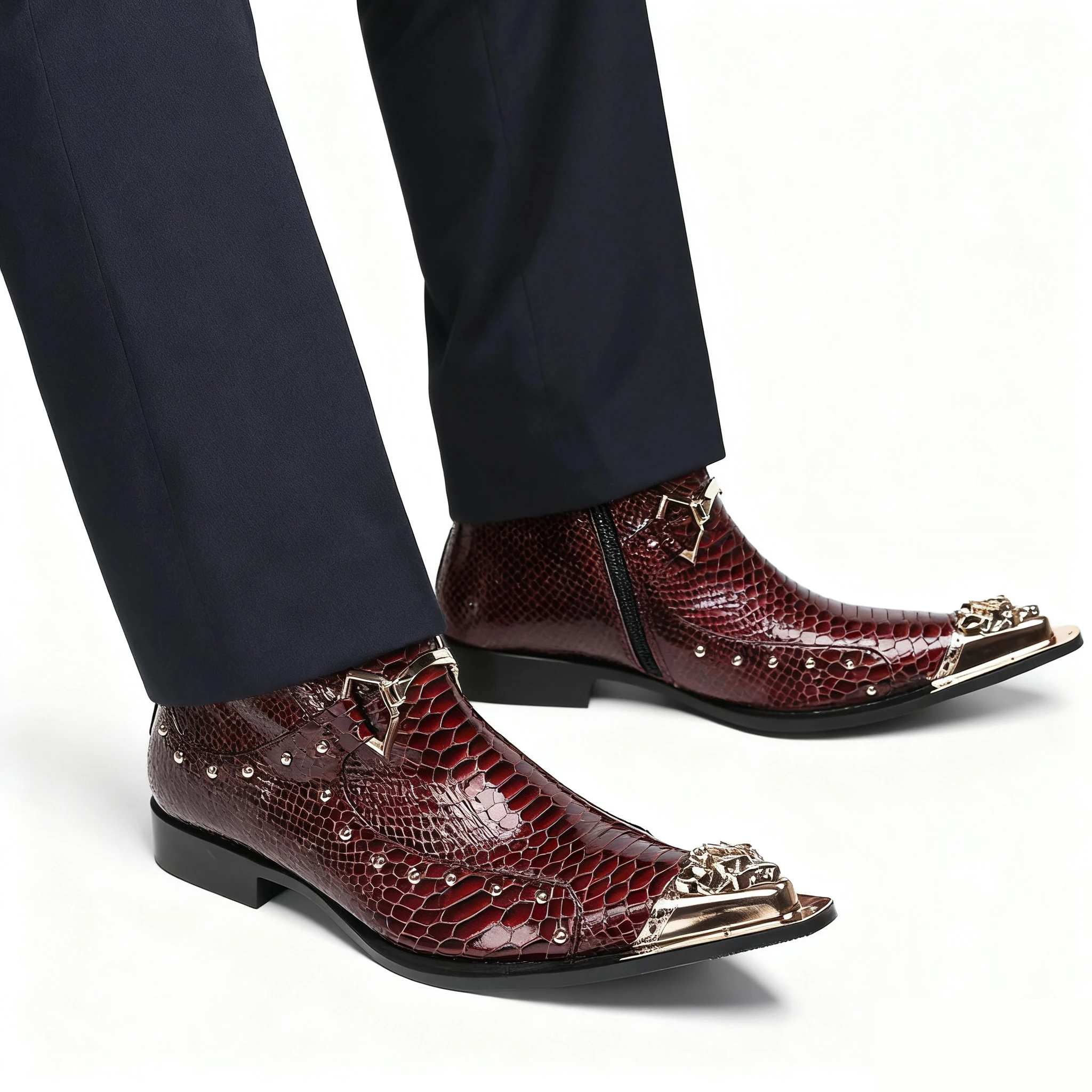 فاسق ريترو جلد الثعبان حذاء من الجلد الرجال المعادن أشار تو برشام فستان أحذية فاخرة روك نمط حفلة أحذية غير رسمية