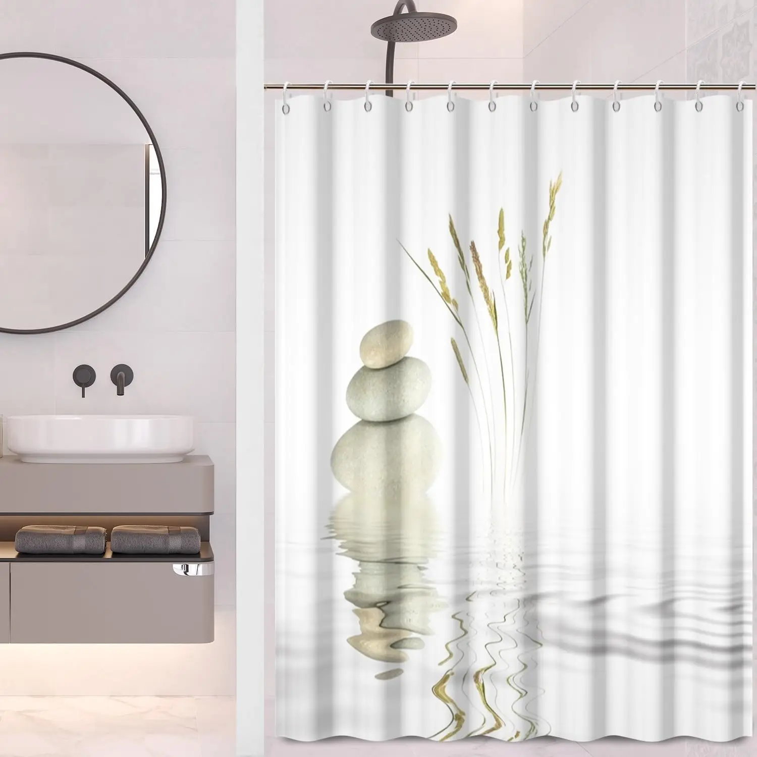 Casual Style Shower Curtain Zen Spa Balanced Stone Wild Grass Reflection in Water Meditation Still Life Art Design Bath Curtain