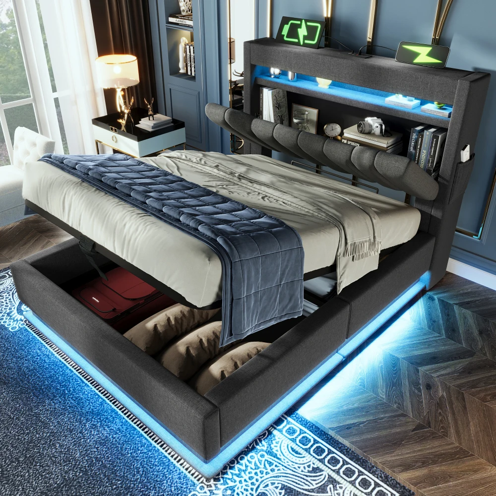 Modernes gepolstertes Doppelbett, Stauraumkopf mit USB- und Typ-C-Anschlüssen, LED-Beleuchtung, Bett mit hydraulischem Stauraum, keine Matratze