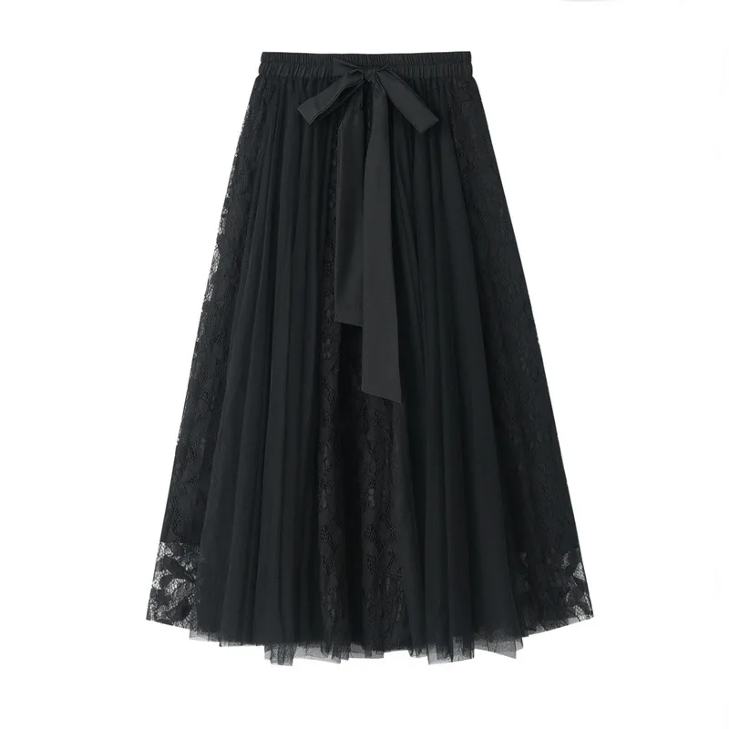 

Versatile Spring Dress with Bow Tie and High Waisted Lace Embroidery, Patchwork Mesh Skirt, Half Skirt, New Purchase A-line skir