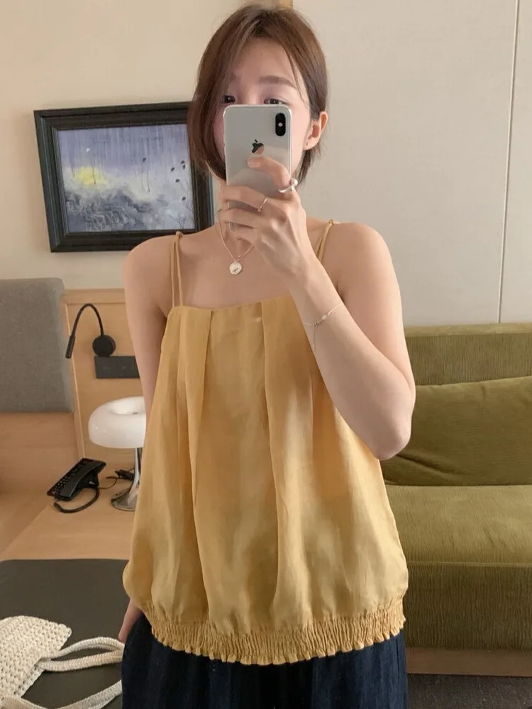 

Korean Japanese Sle Women's Linen Crop Top Summer New Vintage Slimming Color Vest Folded Design Comfortable Inner Wear