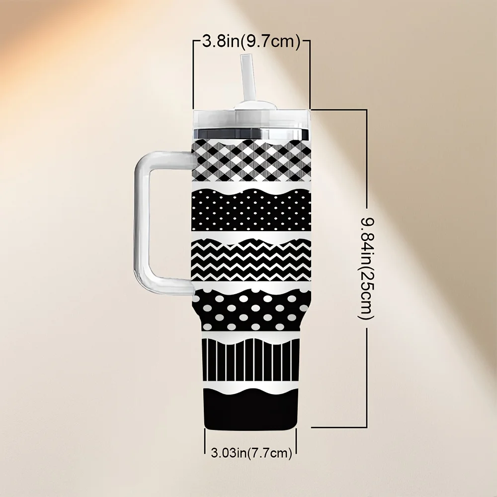 1ps Black And White Mixed Check Polka Dot Wavy Stripe Pattern Fashion Insulated Travel Tumbler with Handle And Straw