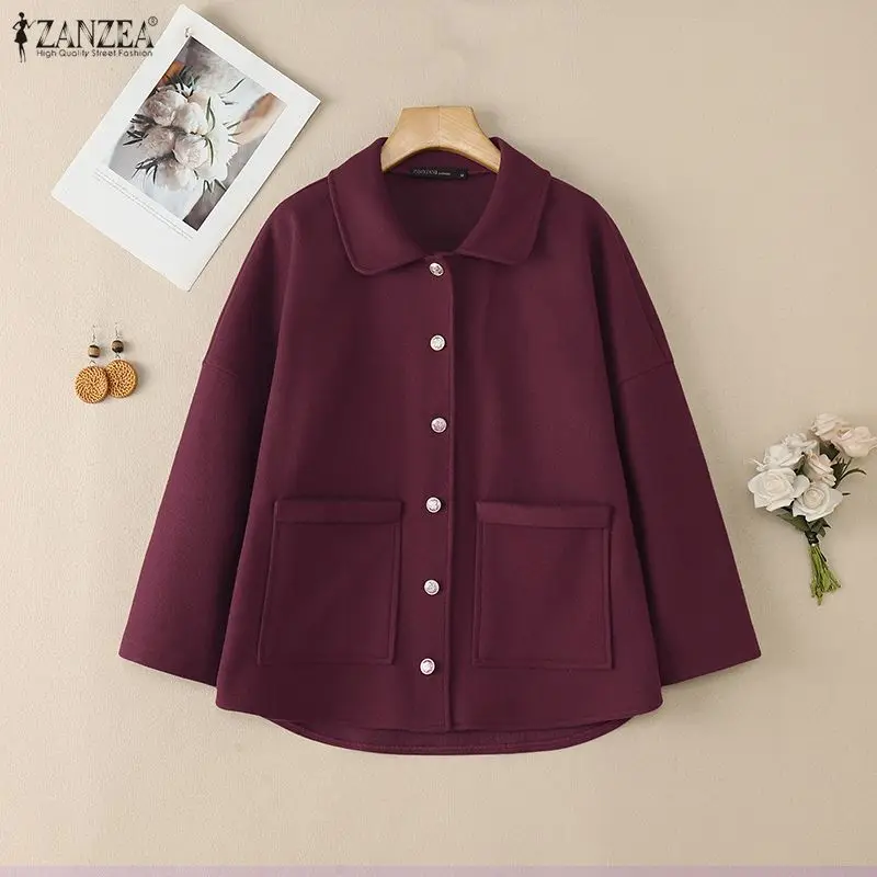 

Women's Casual Cozy Woolen Jackets FW Turn-Down Collar Long Sleeve Pockets Solid Color Button Up Coats ZANZEA Woman Outerwear