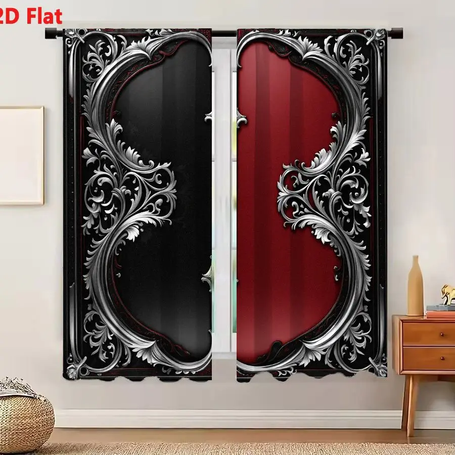 2Pcs Curtains 2D Flat Gothic Ornate Double Doors With Silver Filigree On Black And Crimson Background Window Drapes for Bedroom