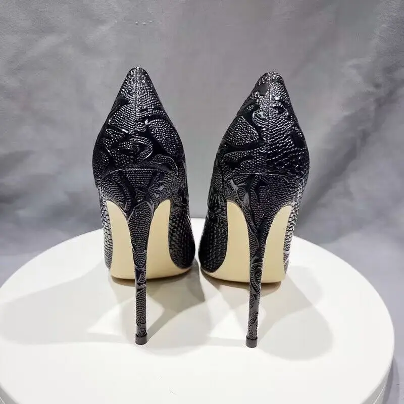 Tikicup Black Embossed Crocodile Women Sexy Pointy Toe High Heel Shoes Slip On Dress Stiletto Pumps Customized Plus Size 33-46