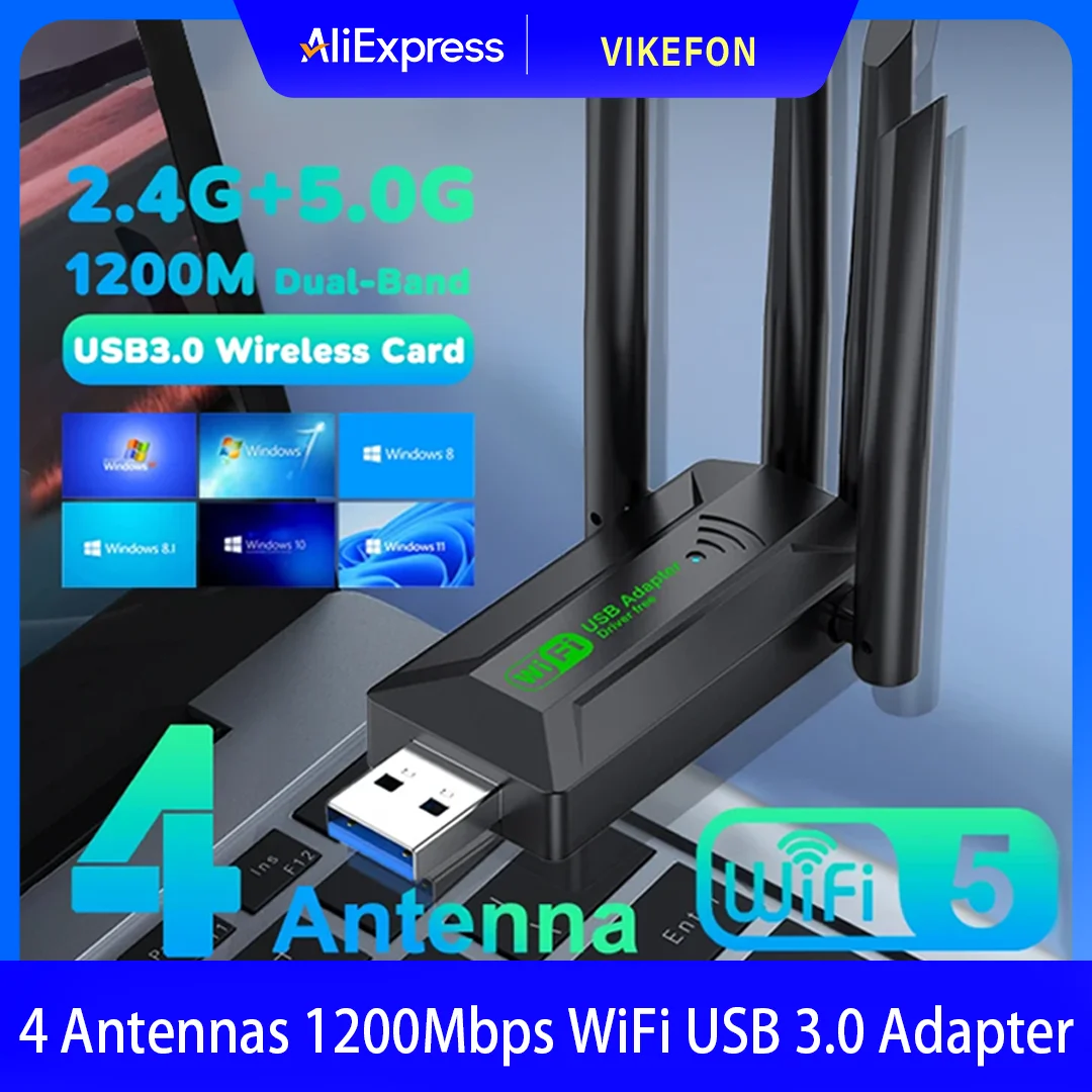 

Original 4 Antennas 1200Mbps WiFi USB 3.0 Adapter 2.4G/5GHZ Dual Band WiFi Dongle Wireless Network Card 802.11AX For Win 10/11