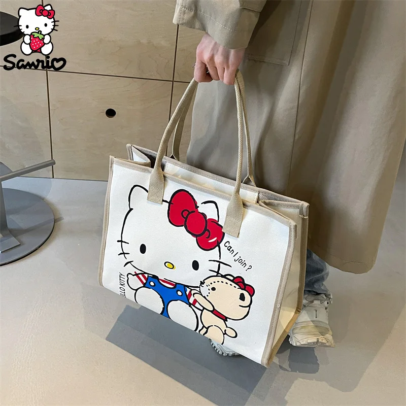 Hello Kitty Canvas Bag Sanrio Tote Bag Shoulder Storage Makeup Pouch Anime Handbag Travel Shopping Bag Kid Schoolbag Girl Gift