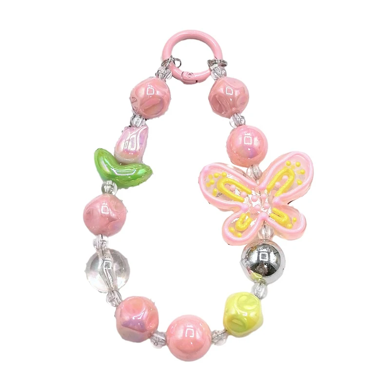 Cute Colorful Hand-painted Butterfly Beaded Mobile Phone Chain Lanyard Y2K Sweet Cool Keychain Bag Pendant Ornament Gift