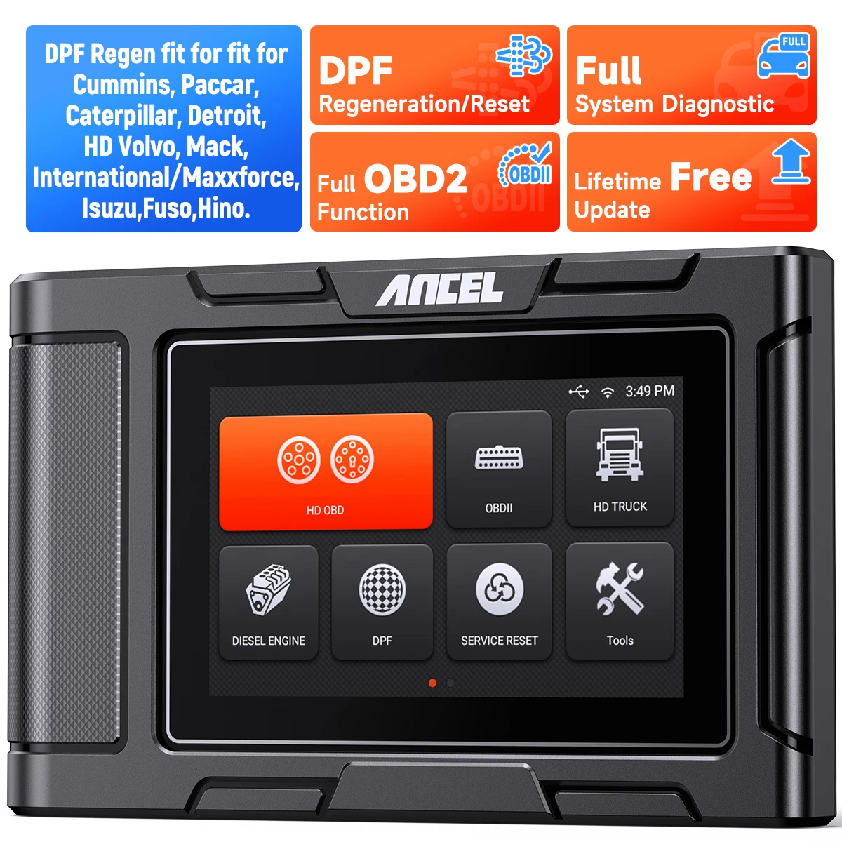 

ANCEL HD3400 PRO Сверхмощный сканер грузовиков Сброс масла D.PF Реген Все системы диагностический инструмент для Cummins Detroit Caterpillar Paccar