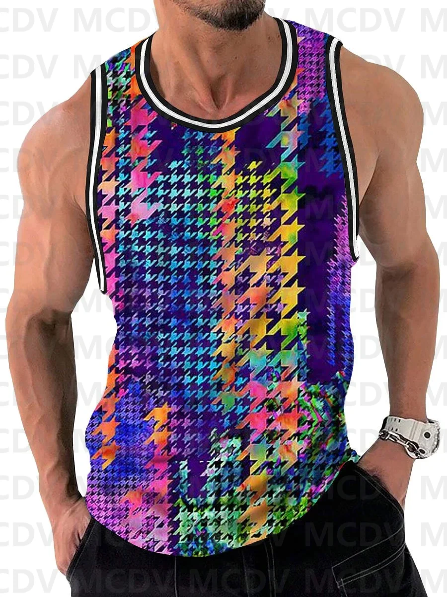 

Colorful Houndstooth Print Casual Round Neck Tank Top 3D Printed Tank Tops Men Summer Tops