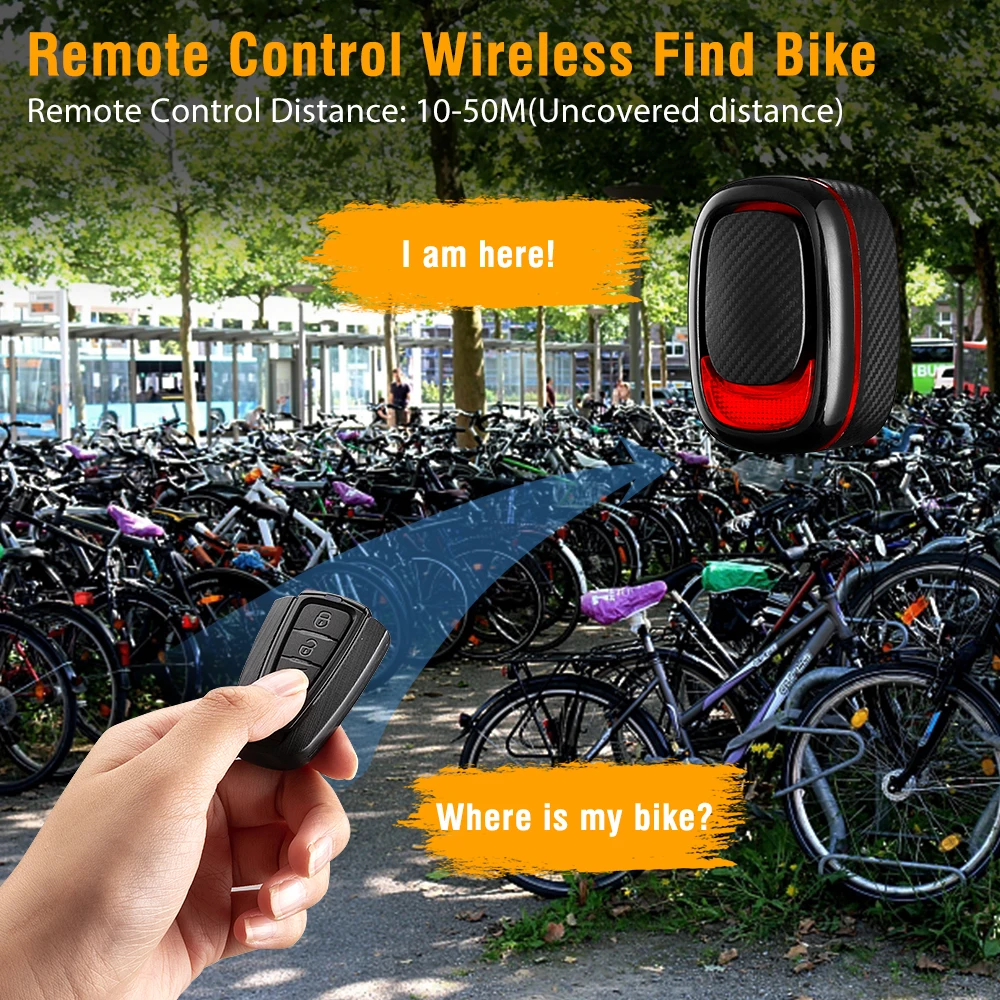 WSDCAM-luz trasera para bicicleta, alarma impermeable para bicicleta, Control remoto, carga USB, alarma de vibración para bicicleta, detección de