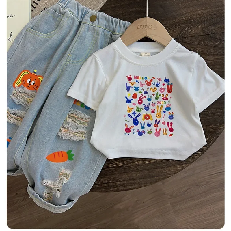 

Girls' Summer Set Spring And Summer 2026 New Style Children's Short Sleeved Cotton T-shirt+ Ripped Cropped Pants Two-piece Set