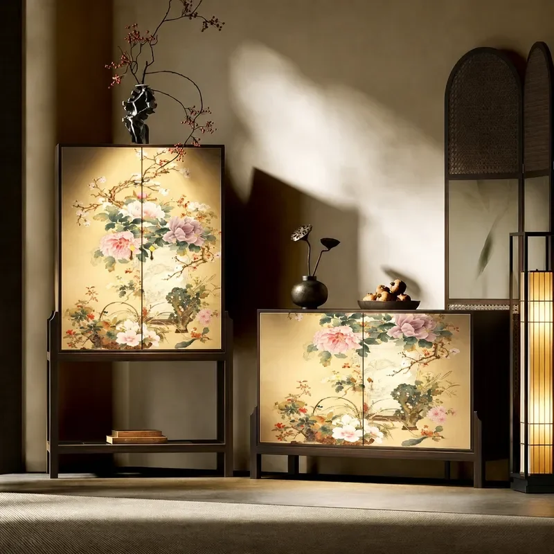 Song Style Aesthetics Peony Flower Basket Pattern Solid Wood Porch Cabinet Dining Side Cabinet Living Room Storage Antique