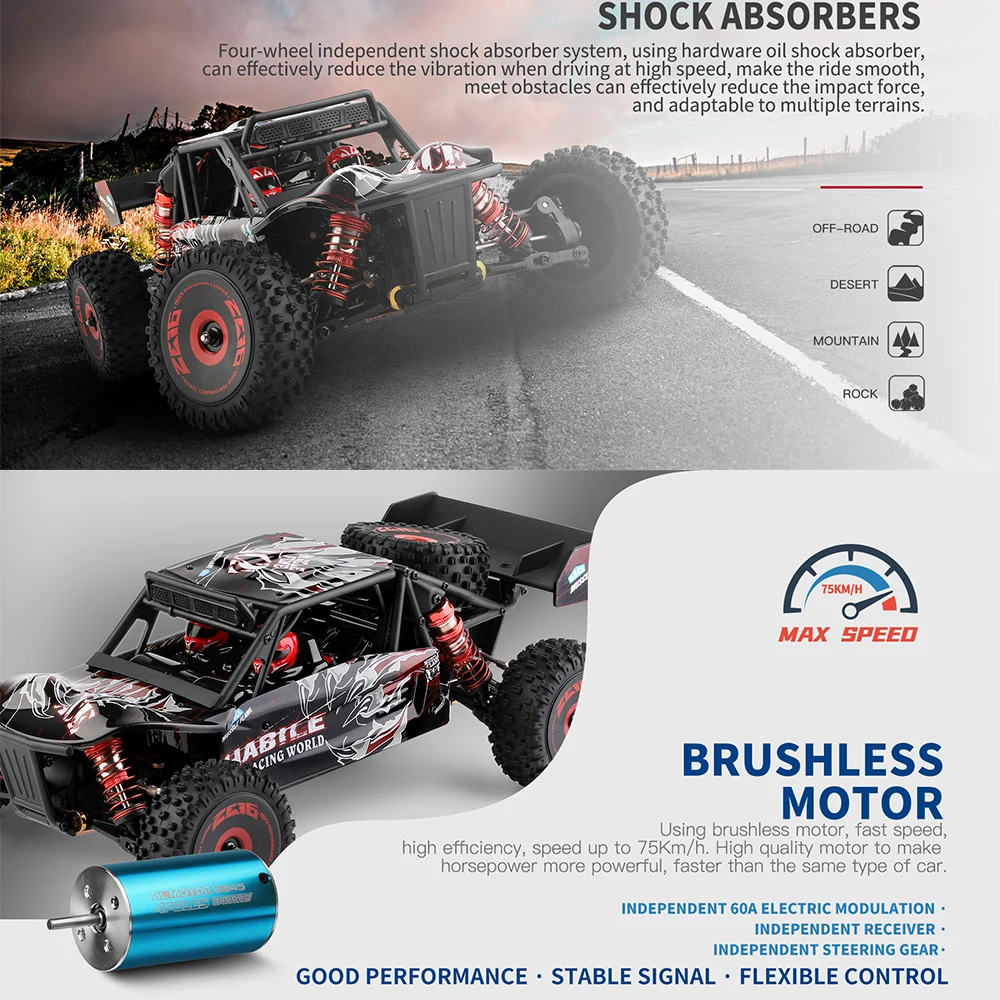 Wl 124016 Rc Car V2 75 Km/H 2.4g Brushless 4wd Electric High Speed Off-Road Remote Control Drift Toys For Children Racing