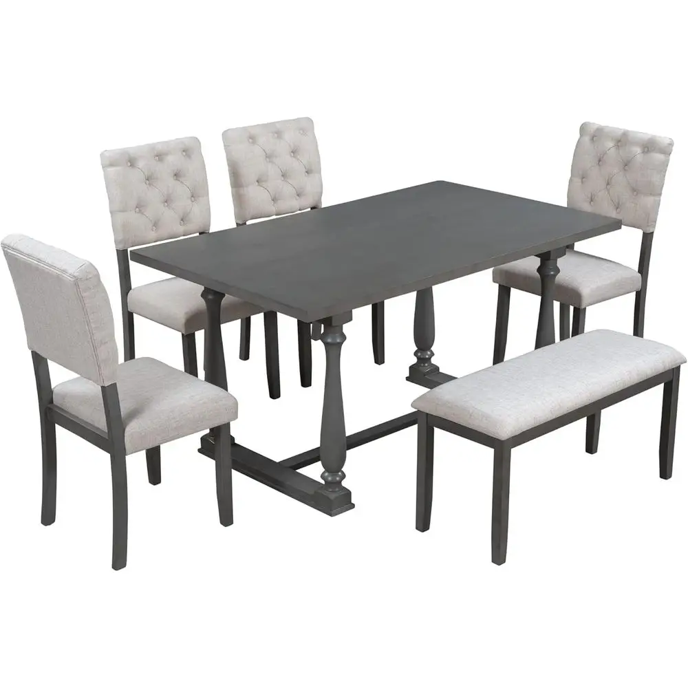 

6-Piece Wooden Dining Set with Upholstered Bench and 4 Chairs, Gray & Beige Cushions for 6